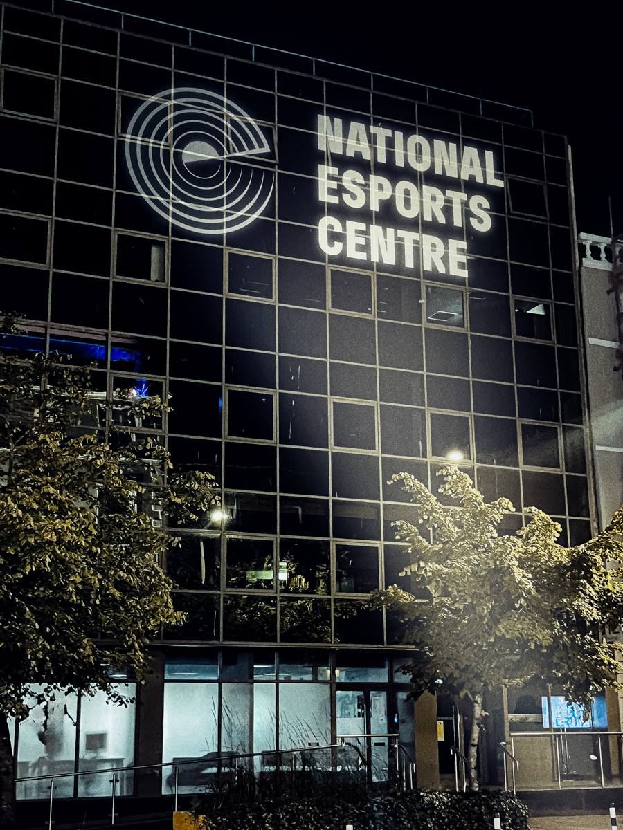 The National Esports Centre illuminated at night on South Mall, Cork